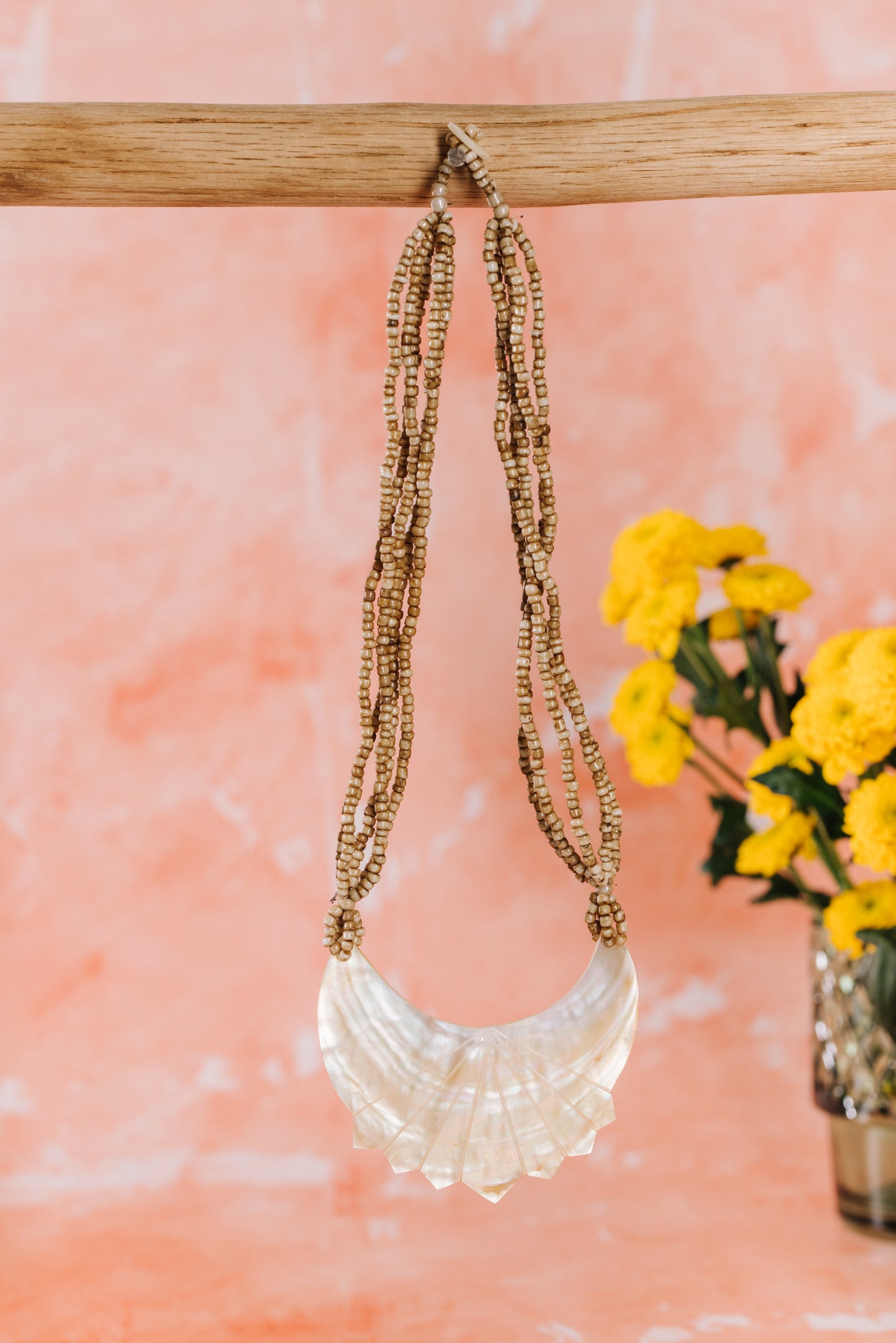 Bead Necklace with Shell Pendant - Sand