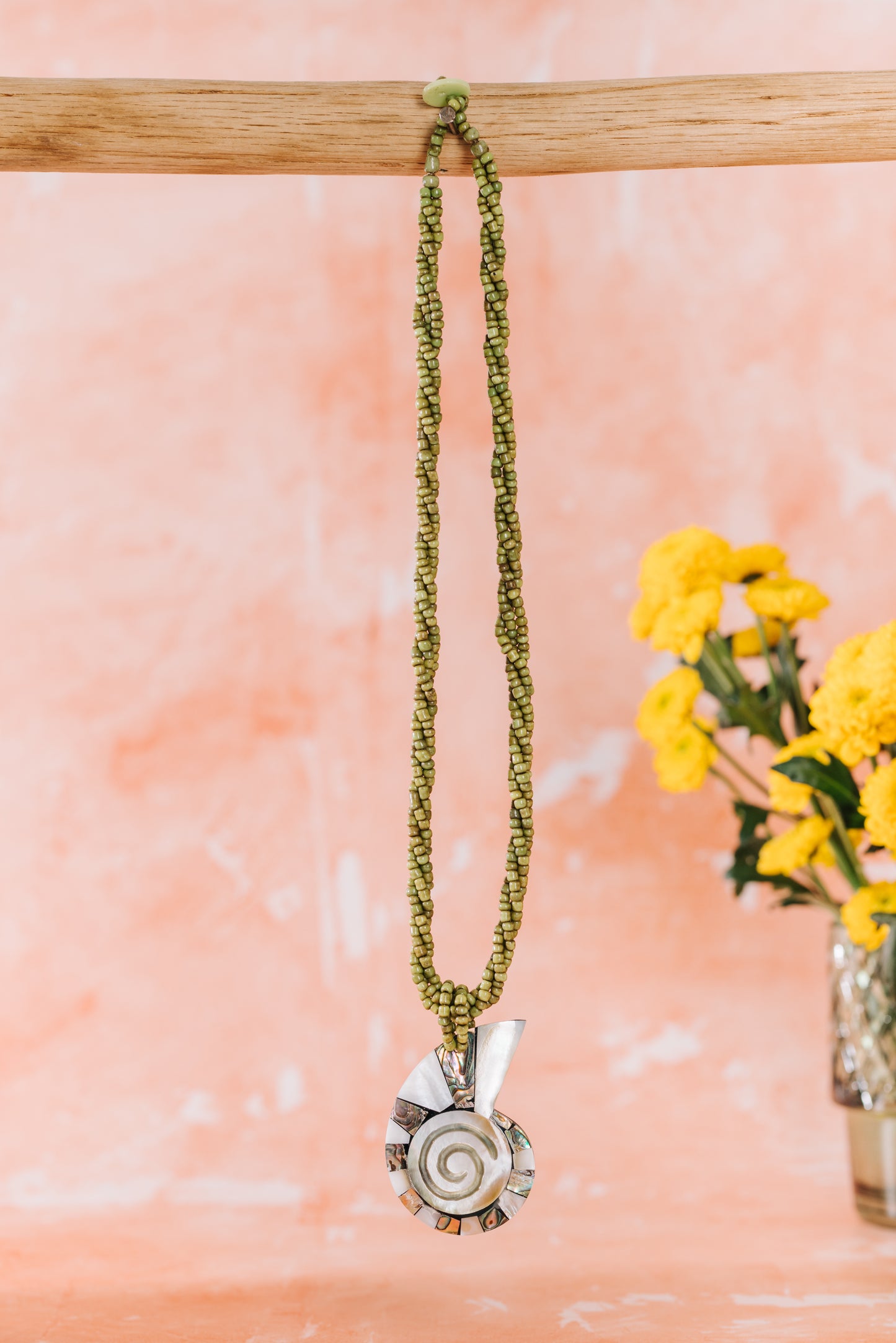 Bead Necklace with Nautilus Shell Pendant - Lime