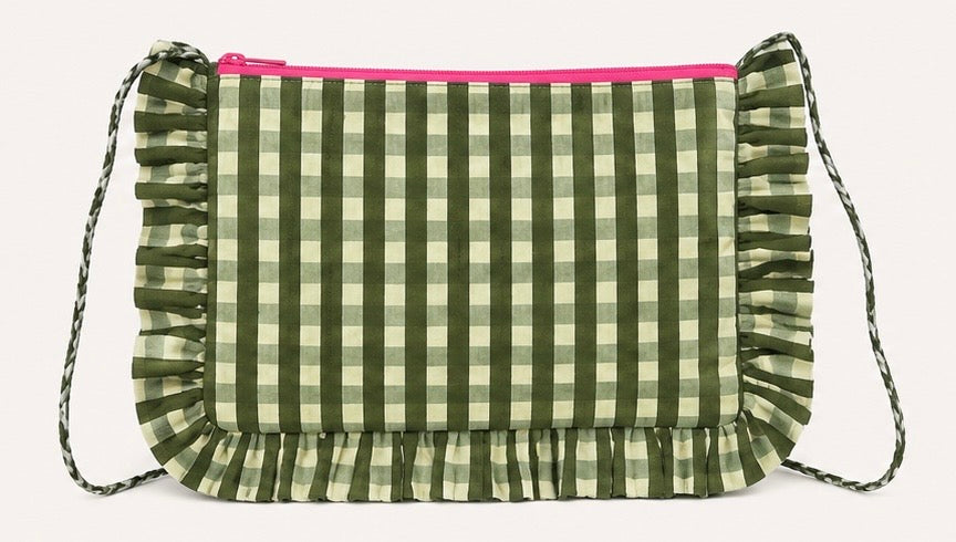 Ruffle Pouch/Bag - Olive Gingham