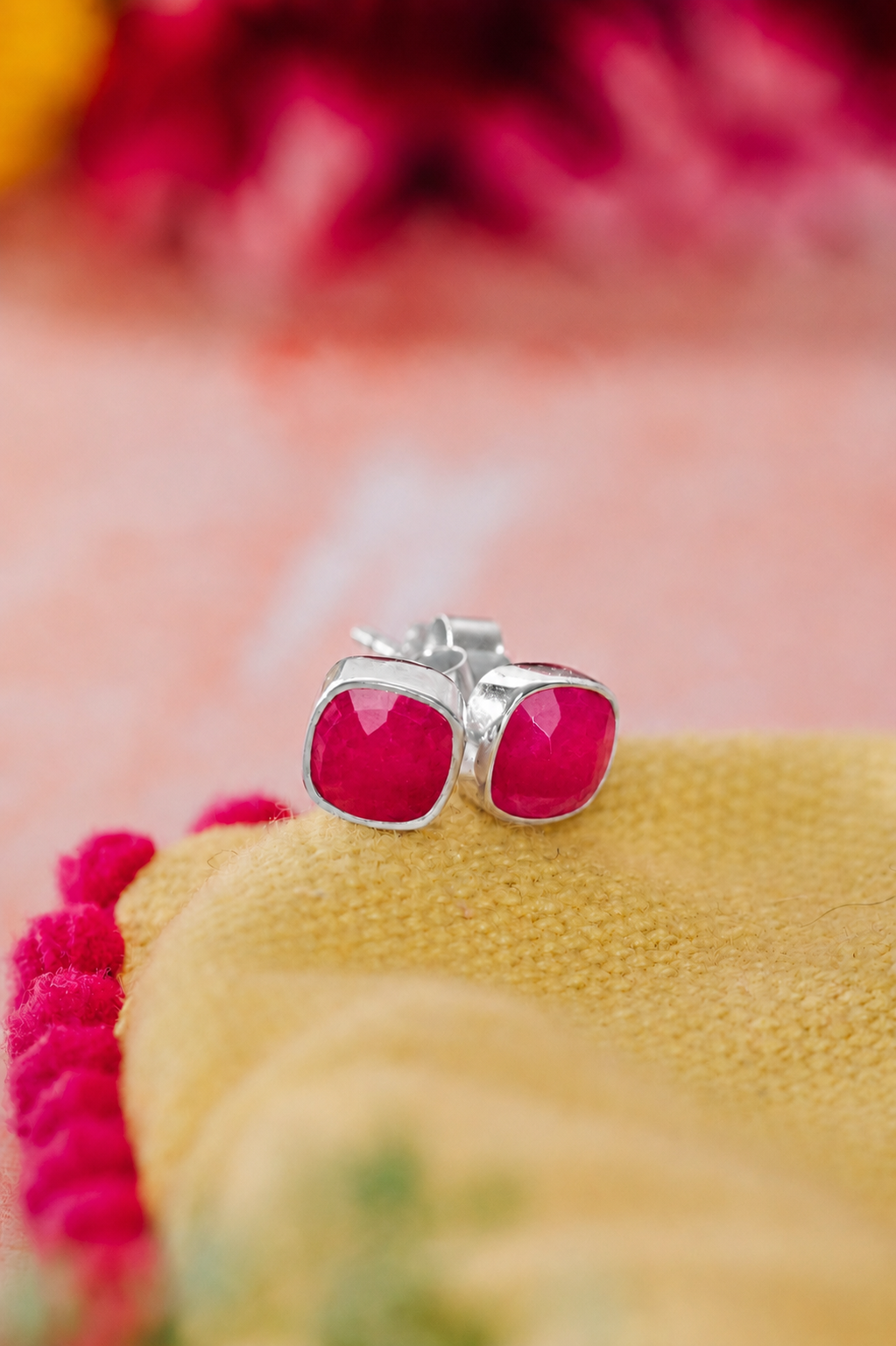 Sterling Silver Square Studs in Pink Chalcedony