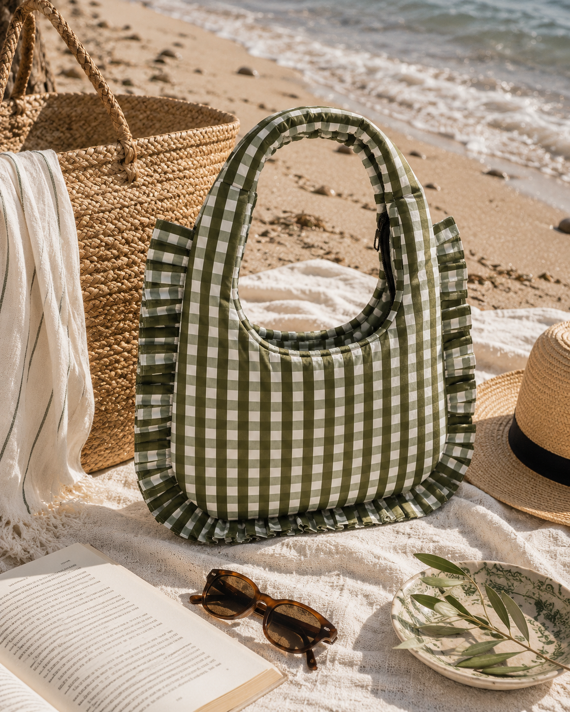 Ruffle Bag - Olive Gingham