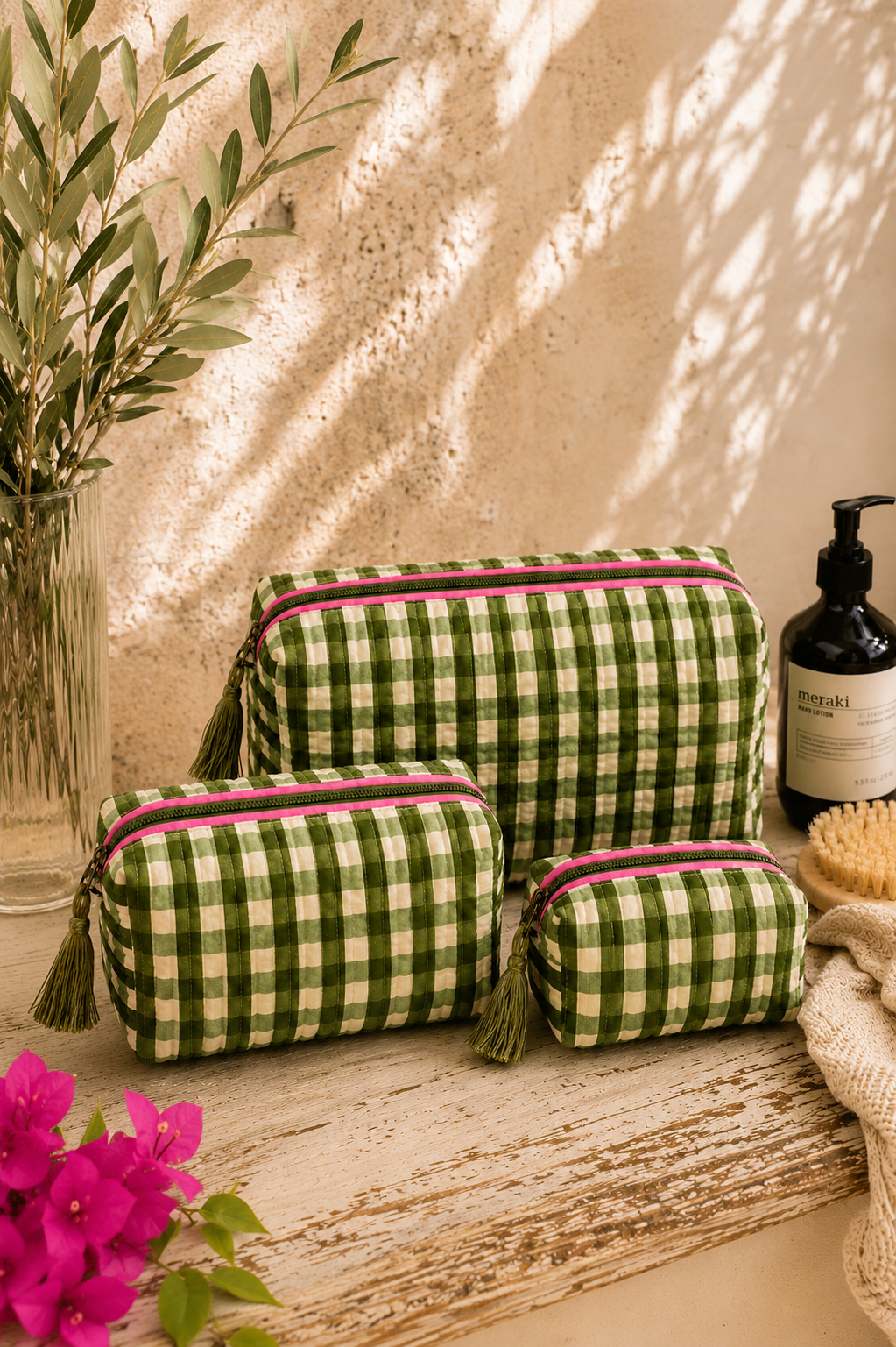 Wash Bag - Olive Gingham