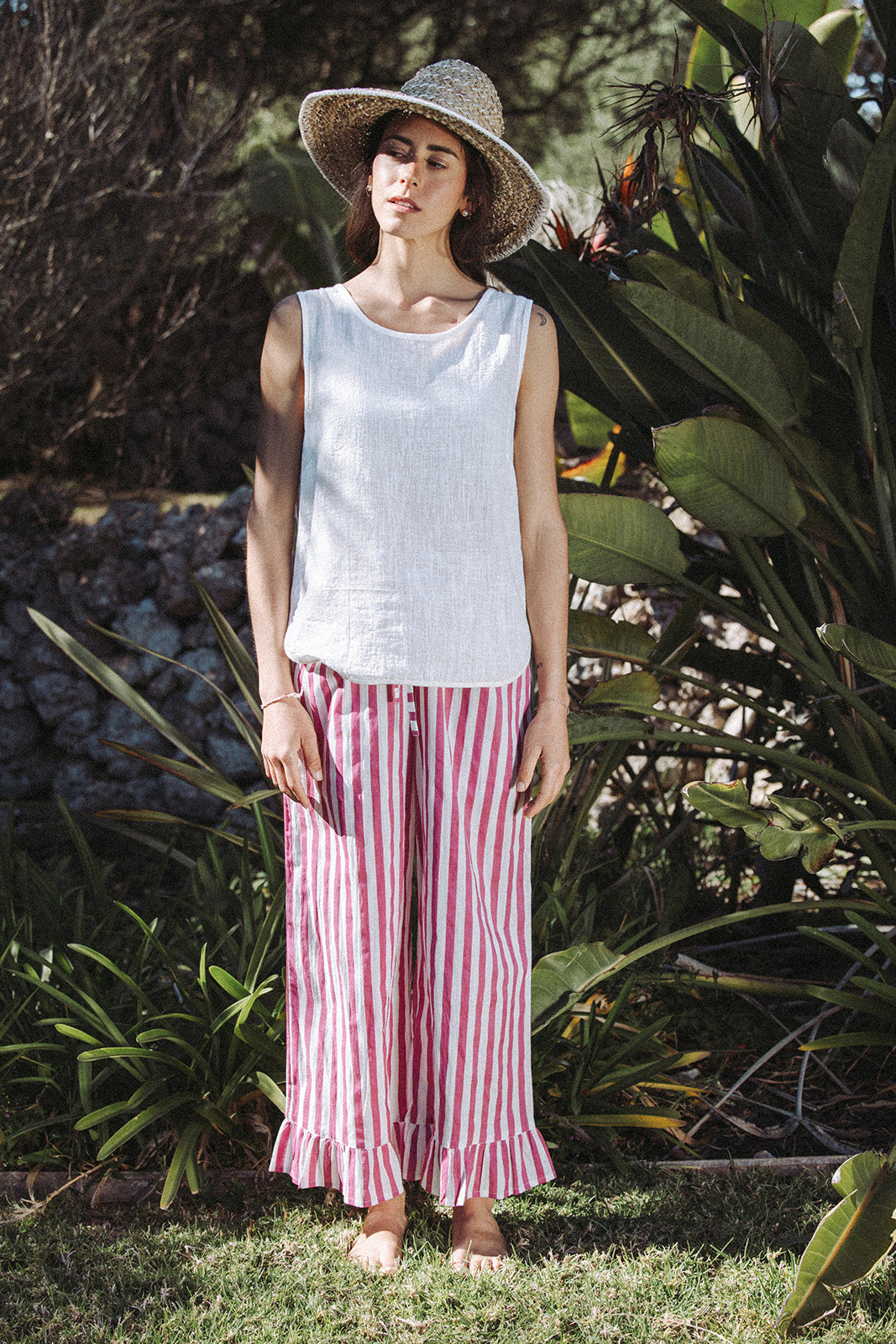 Audrey Stripe Trousers - Burgundy/White - Coming Soon