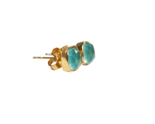 Gold Square Stud Earrings in Aqua Chalcedony
