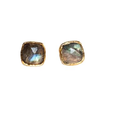 Gold Square Stud Earrings in Labradorite