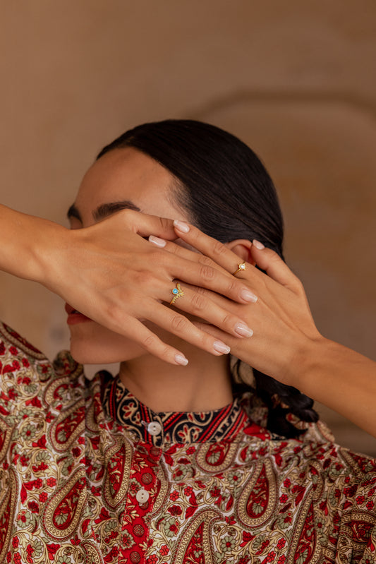 Isis Filigree Wishbone Ring - Gold Blue Chalcedony