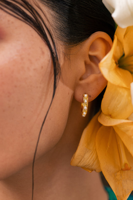 Pearl Hoop Earrings - Gold