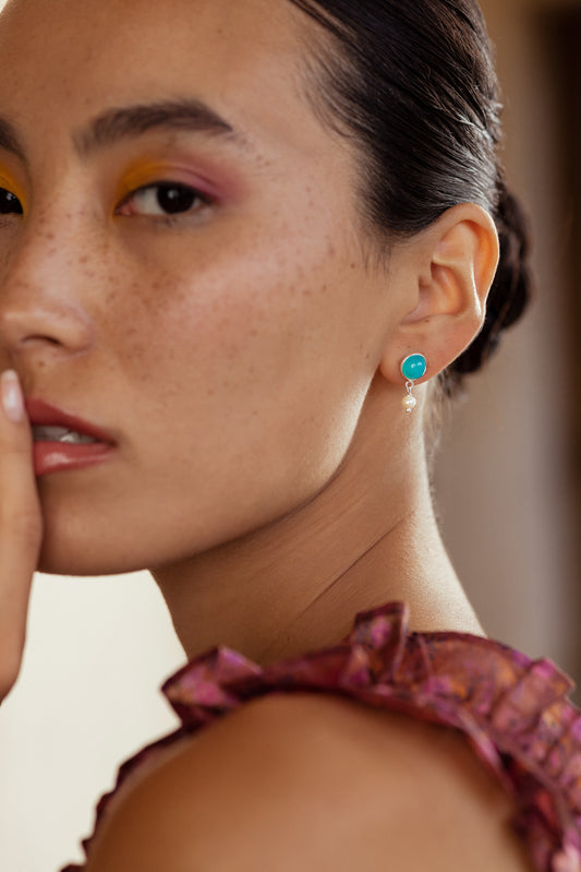 Pearl Drop Earrings Silver - Aqua Chalcedony