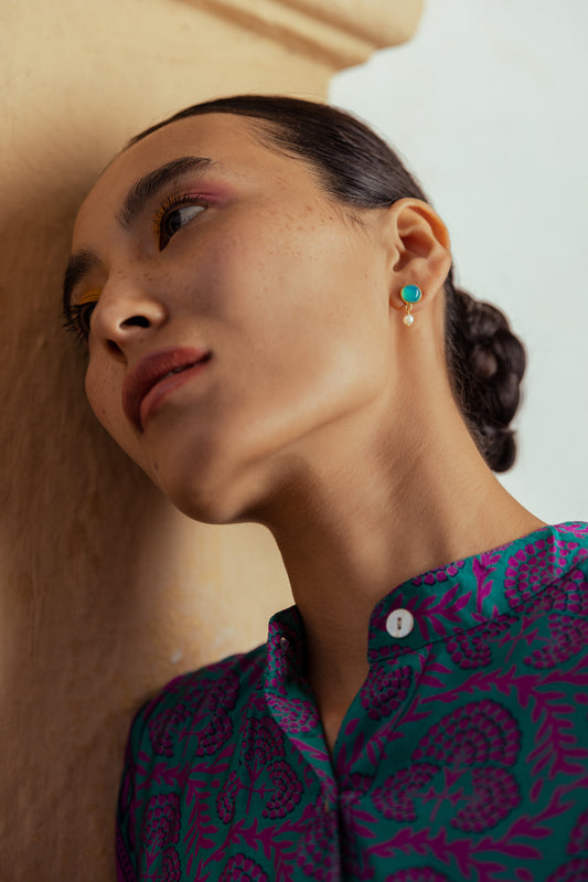 Pearl Drop Earrings Gold - Aqua Chalcedony