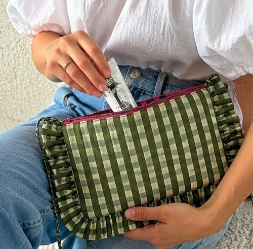 Ruffle Pouch/Bag - Olive Gingham
