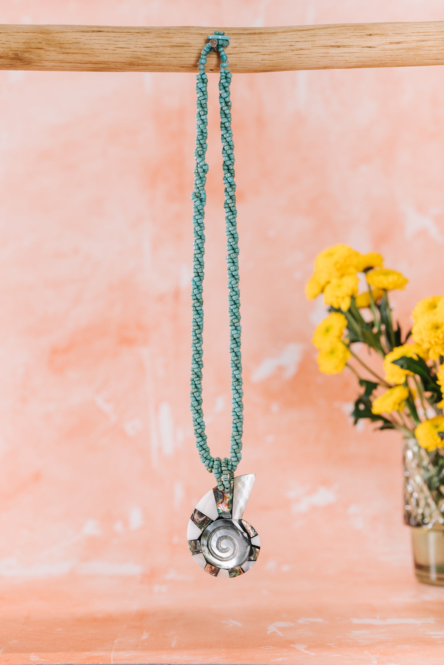 Bead Necklace with Nautilus Shell Pendant - Aqua