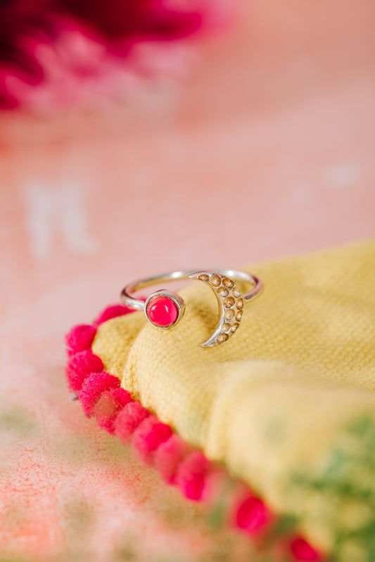 Sterling Silver Moon Ring in Pink Chalcedony