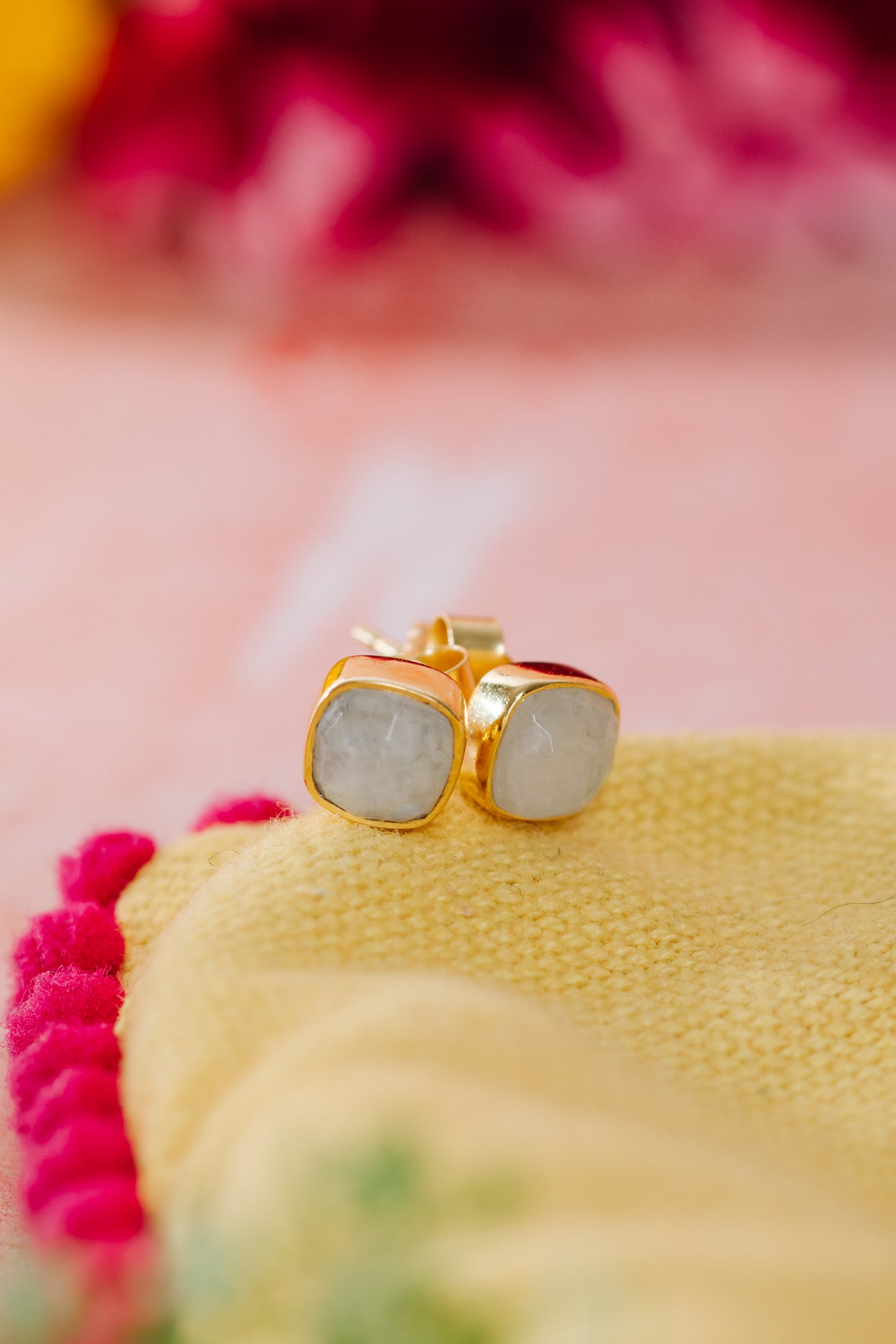 Gold Square Stud Earrings in Rainbow Moonstone