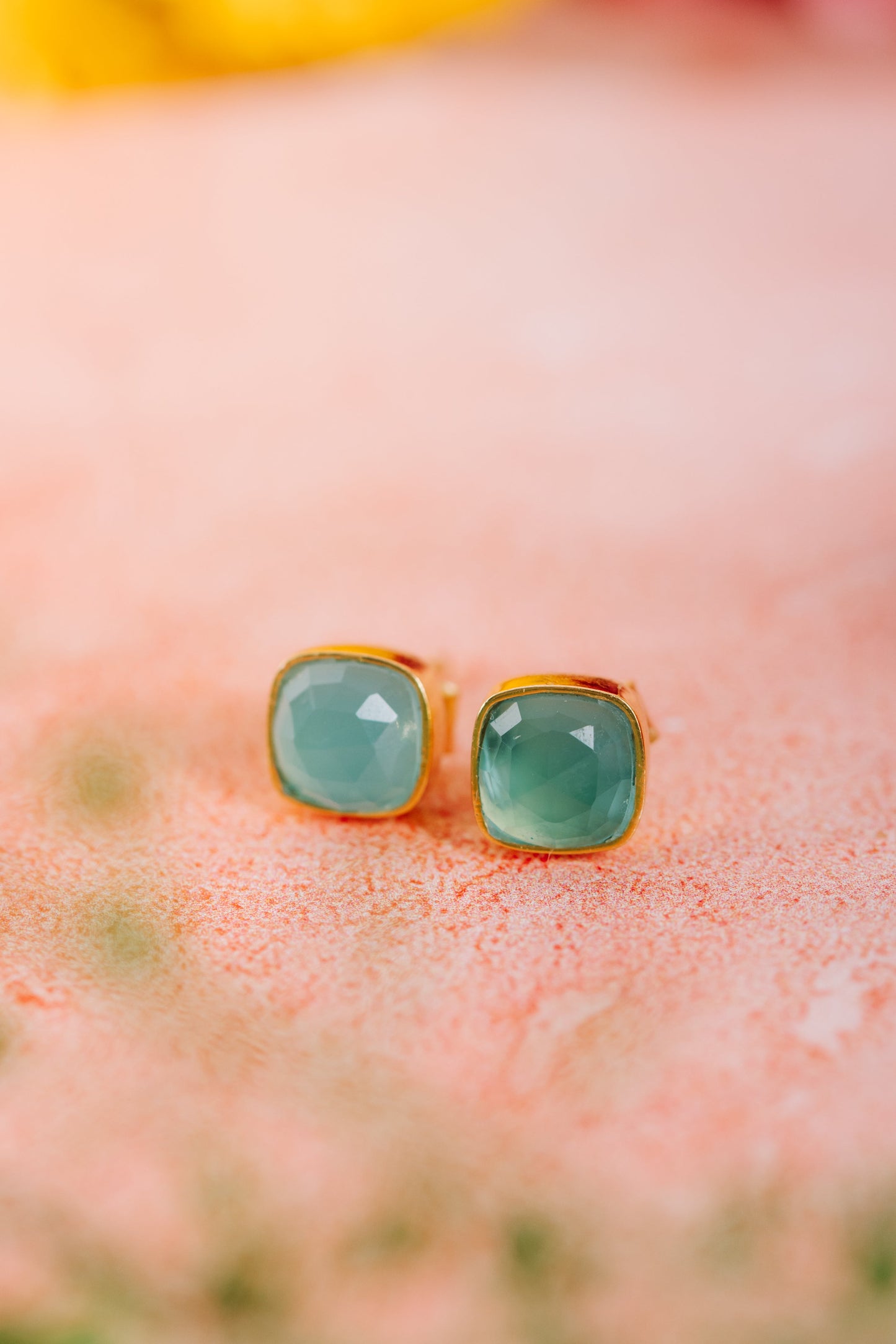 Gold Square Stud Earrings in Aqua Chalcedony