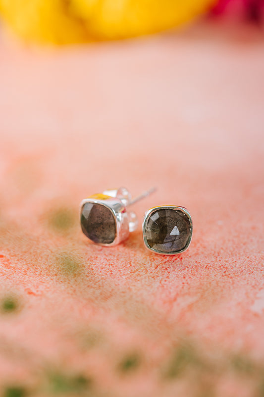 Sterling Silver Square Studs in Labradorite