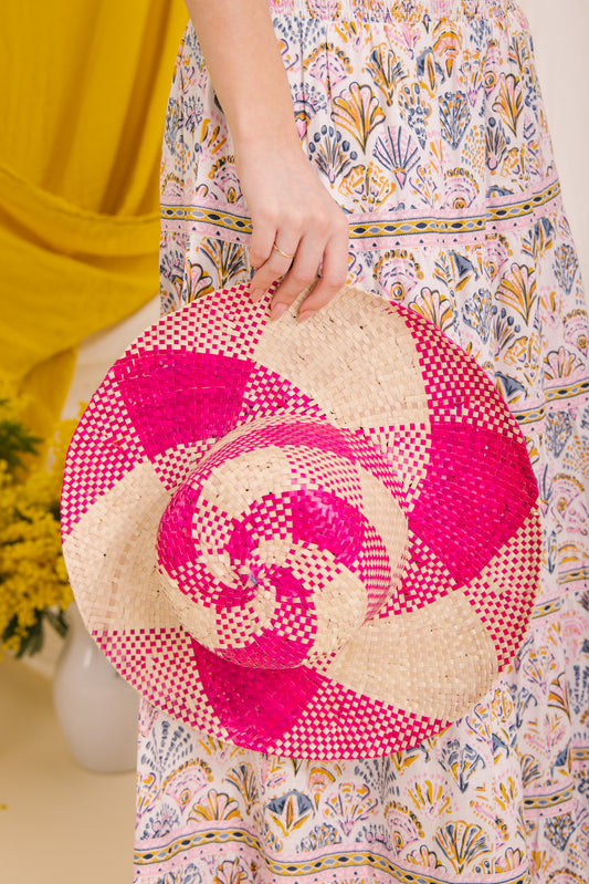 Raffia Sun Hat in Pink/Cream