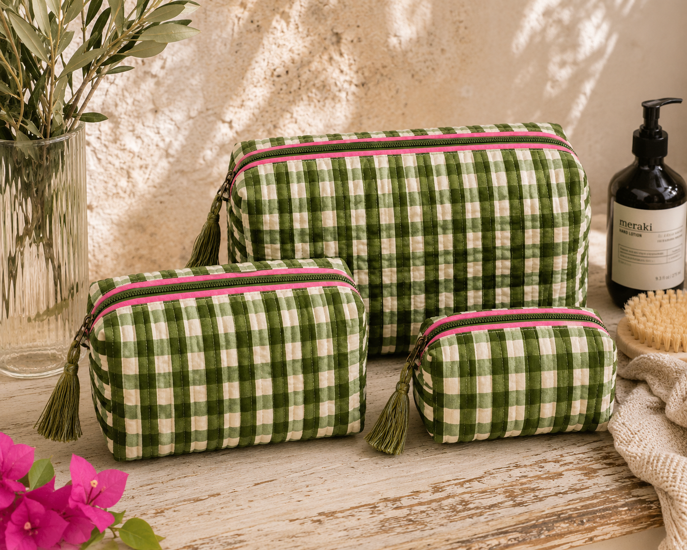 Wash Bag - Olive Gingham