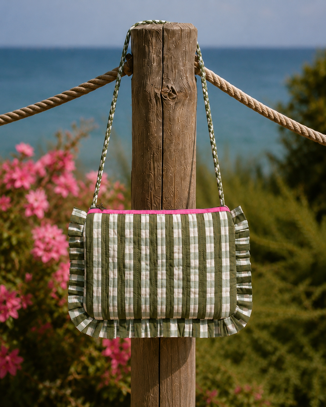 Ruffle Pouch/Bag - Olive Gingham