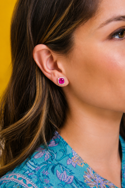 Sterling Silver Square Studs in Pink Chalcedony