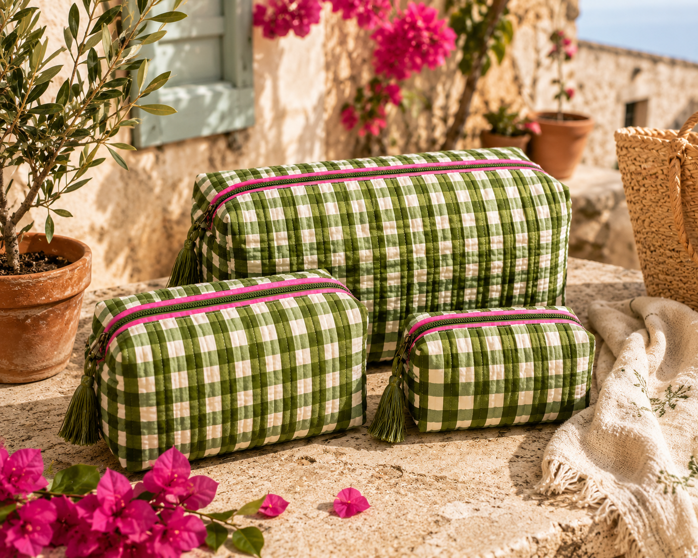 Wash Bag - Olive Gingham