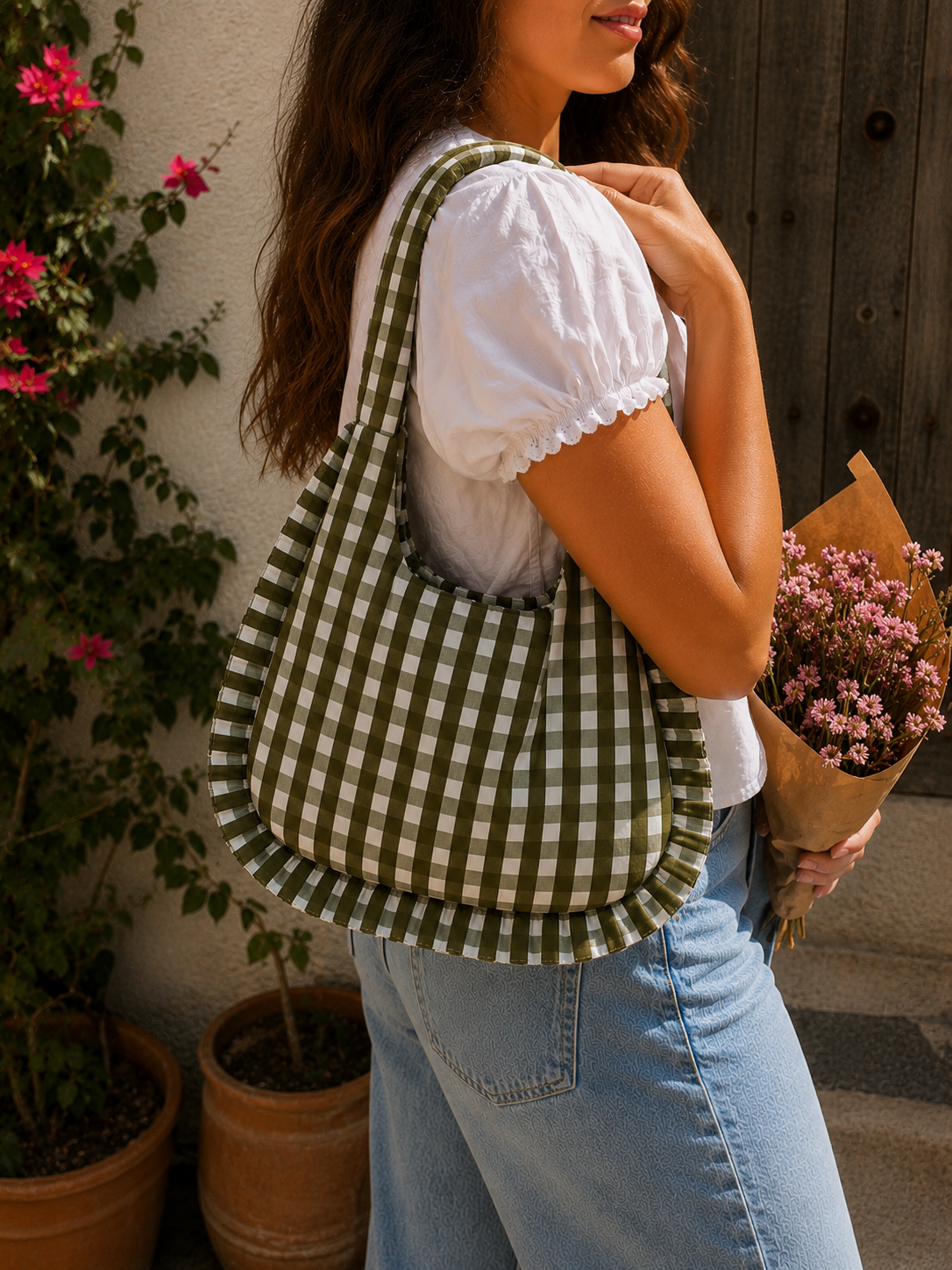Ruffle Bag - Olive Gingham