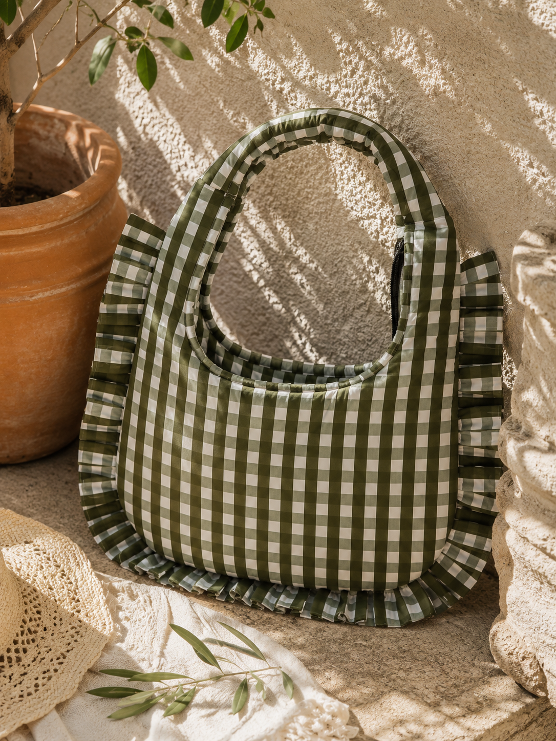 Ruffle Bag - Olive Gingham