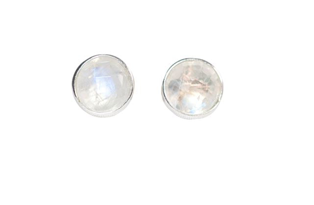 Pendientes de Plata de Ley Redondos con Piedra Luna Arcoíris