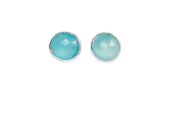 Aretes de plata esterlina redondos de calcedonia aguamarina