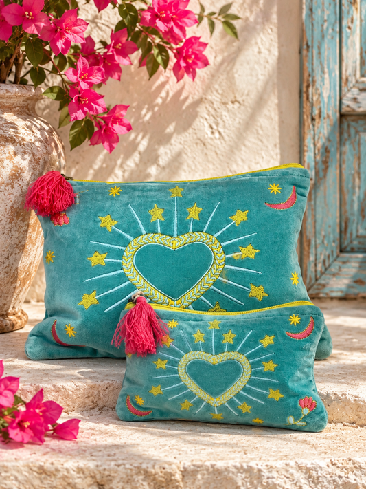 Sacred Heart Aqua Velvet Pouch