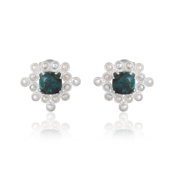 Chrysocolla Cabushion Cushion Pearl Stud Earrings - Silver