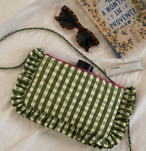 Ruffle Pouch/Bag - Olive Gingham