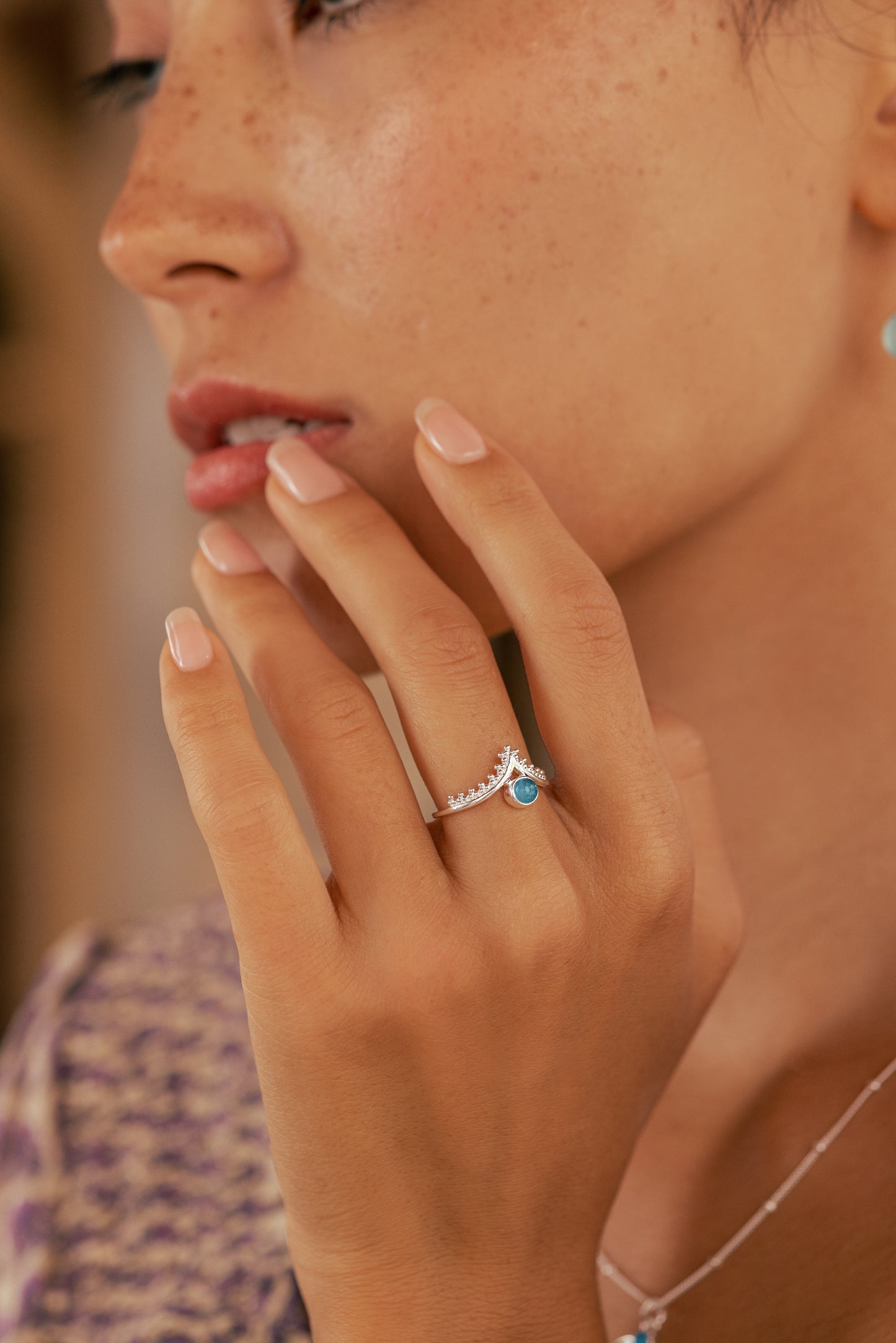 Isis Filigree Wishbone Ring - Sterling Silver Blue Chalcedony