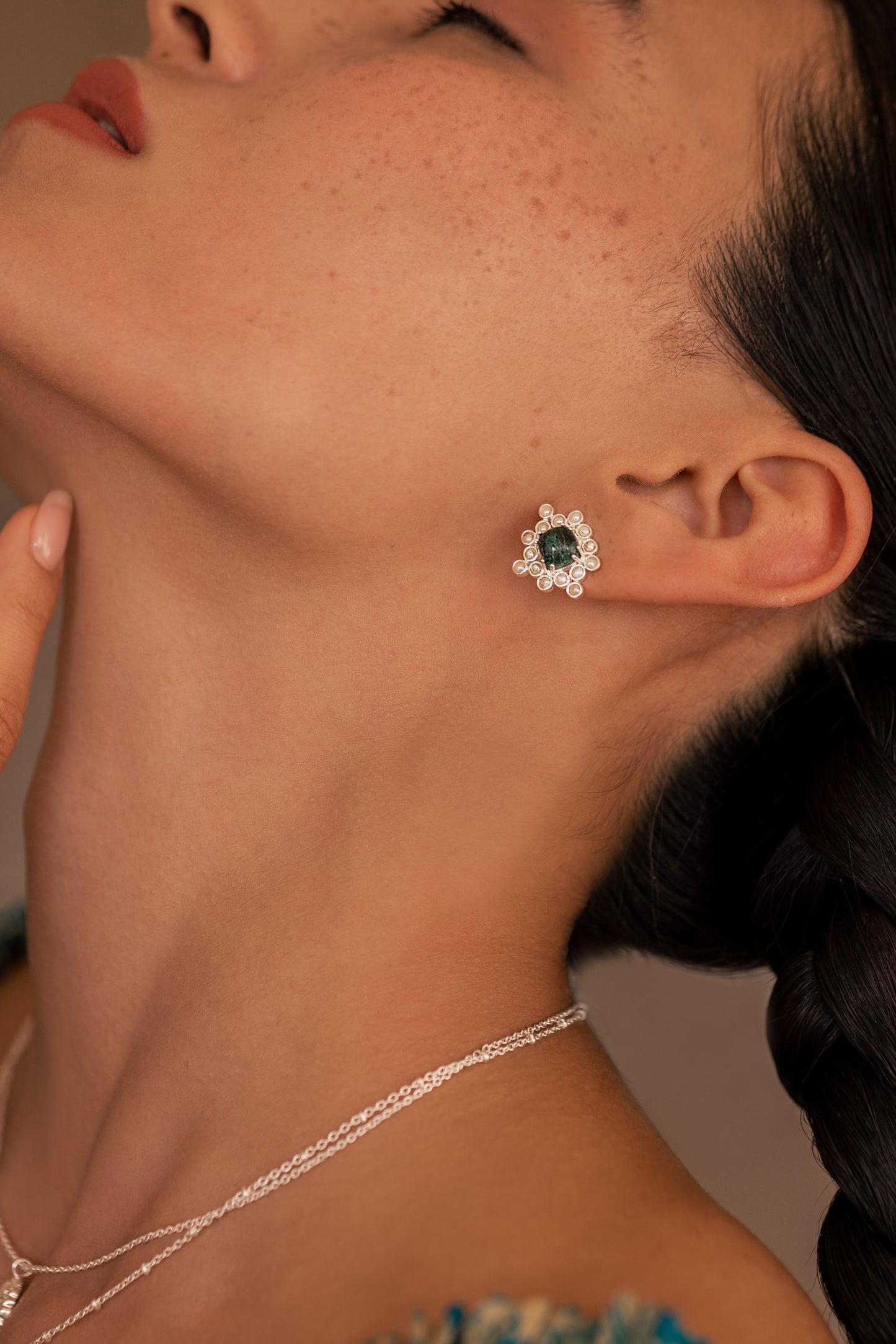 Chrysocolla Cabushion Cushion Pearl Stud Earrings - Silver