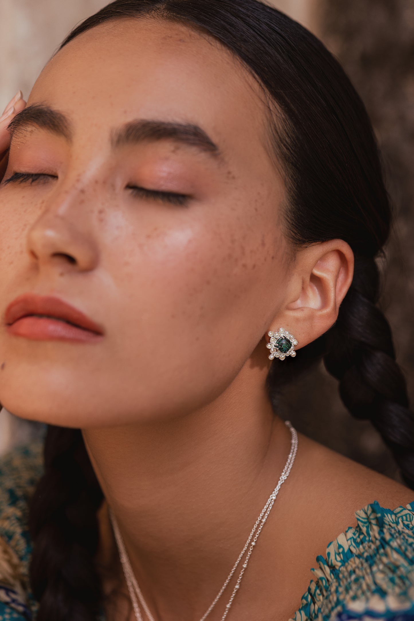 Chrysocolla Cabushion Cushion Pearl Stud Earrings - Silver