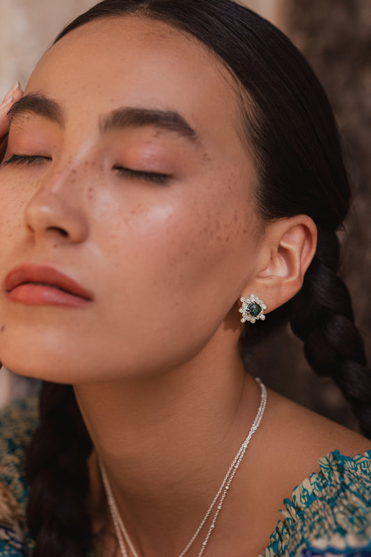 Chrysocolla Cabushion Cushion Pearl Stud Earrings - Silver