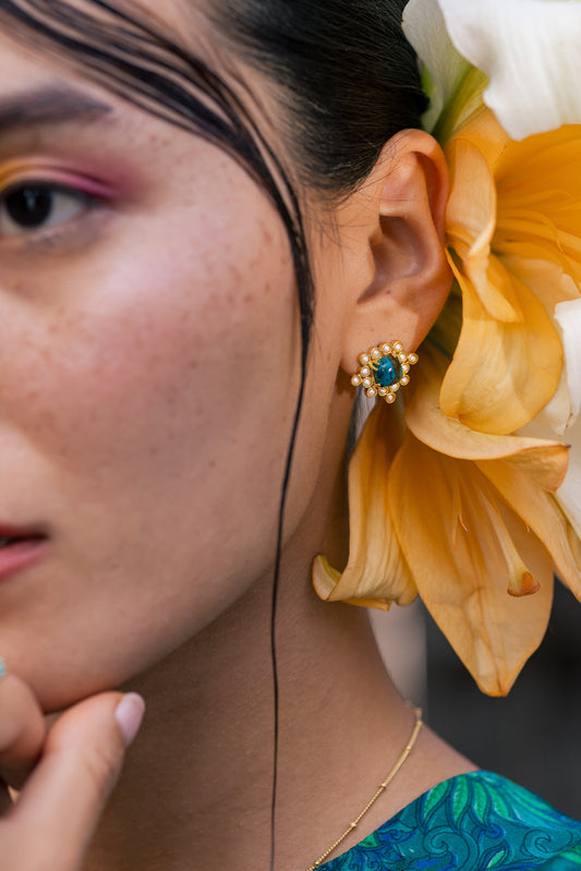 Chrysocolla Cabushion Cushion Pearl Stud Earrings - Gold