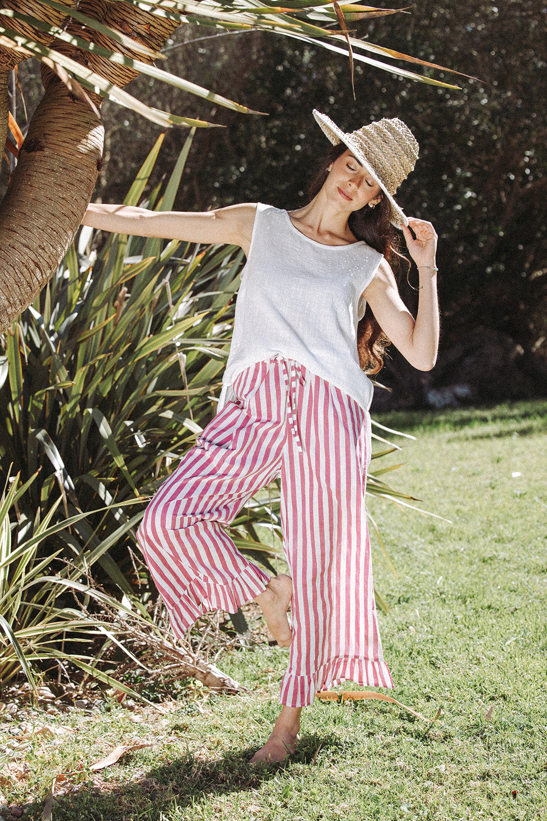 Audrey Stripe Trousers - Burgundy/White - Coming Soon