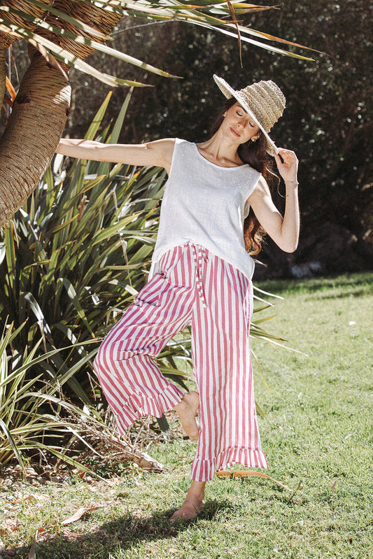 Audrey Stripe Trousers - Burgundy/White - Coming Soon