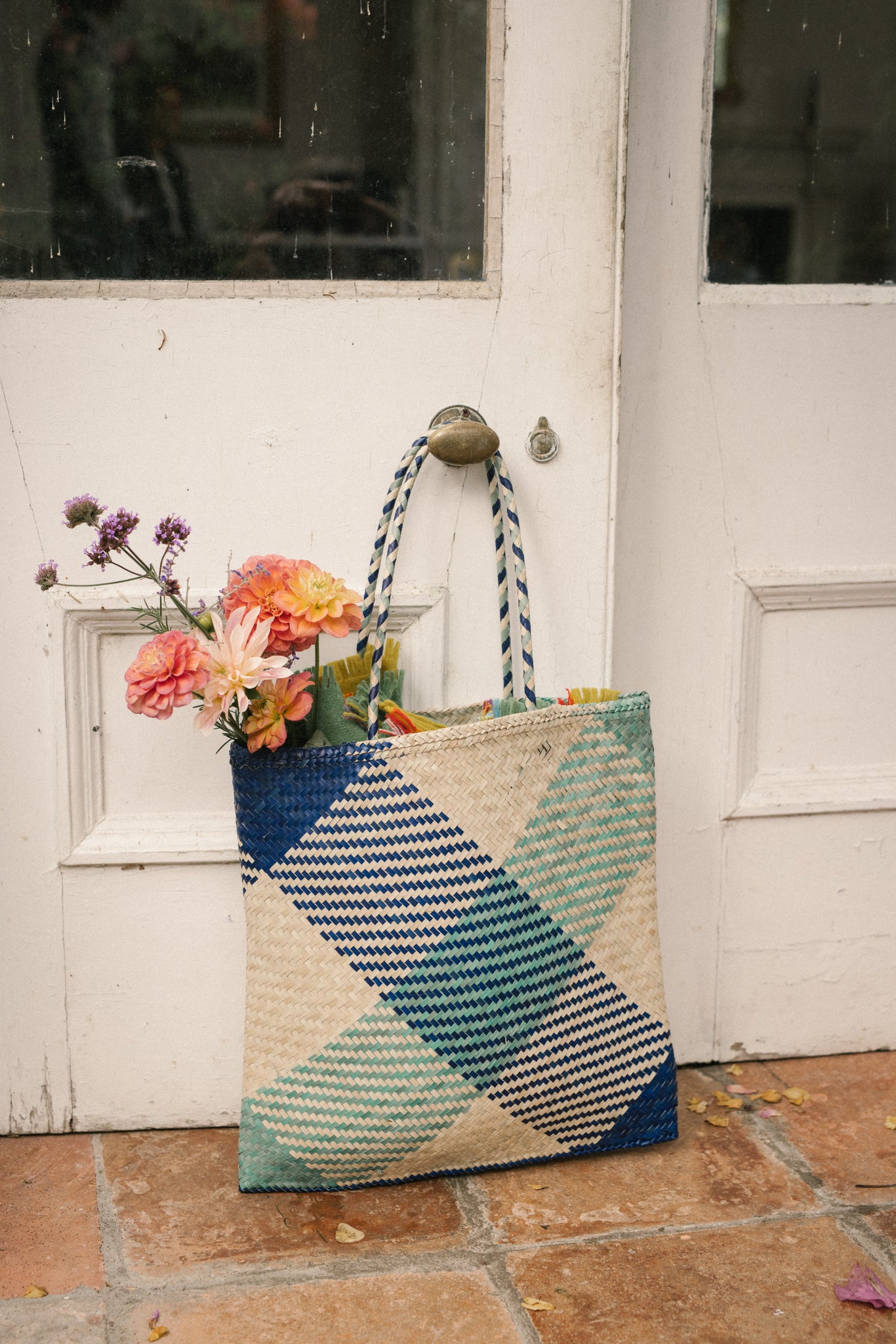 Raffia Square Shopper in Aqua/Blue