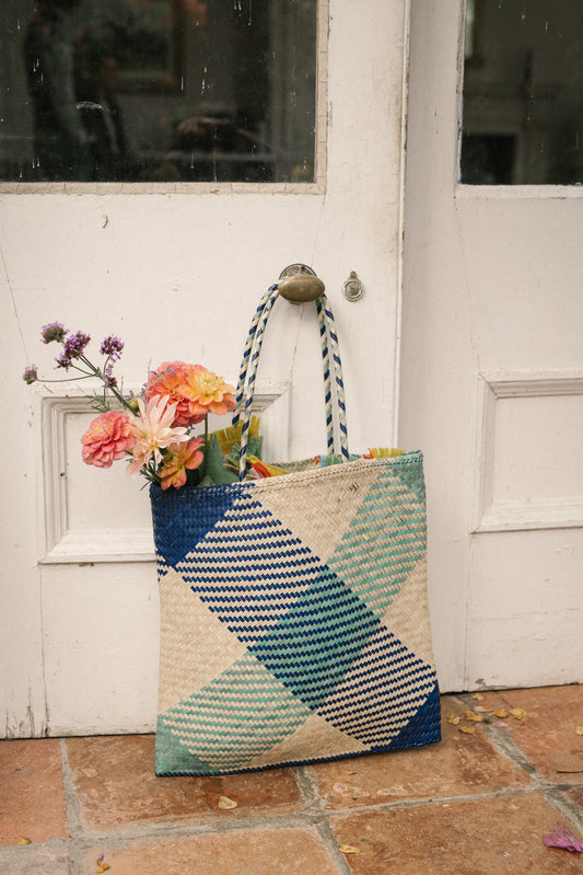Raffia Square Shopper in Aqua/Blue