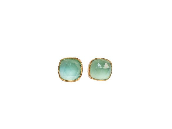 Gold Square Stud Earrings in Aqua Chalcedony