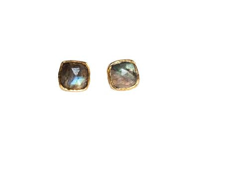 Gold Square Stud Earrings in Labradorite