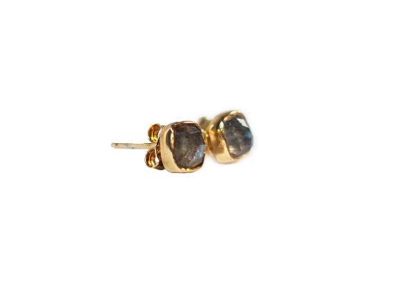 Gold Square Stud Earrings in Labradorite
